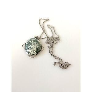 925 Dendritic Agate Green Sterling Silver Pendant Vintage Oval Statement